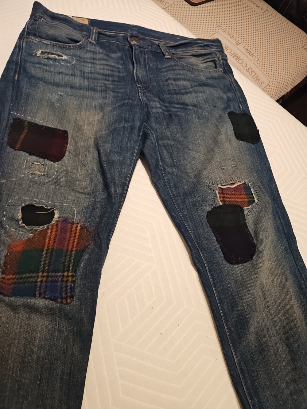 Polo by Ralph Lauren Slim Straight Distressed Blue Jeans with Plaid Patches